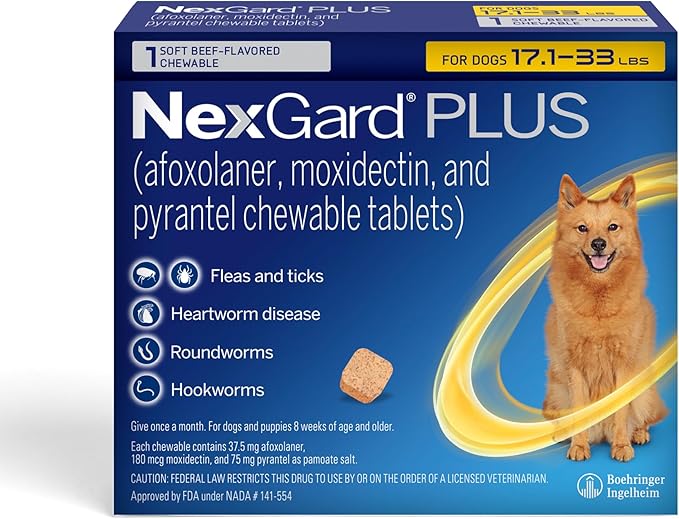 NexGard Plus (afoxolaner, moxidectin, and pyrantel) Flea and Tick Protection & Heartworm Preventive for Dogs Soft Beef Flavored Chewables, 17.1-33 lbs. (Gold) 1 Chew (1 Month Supply)