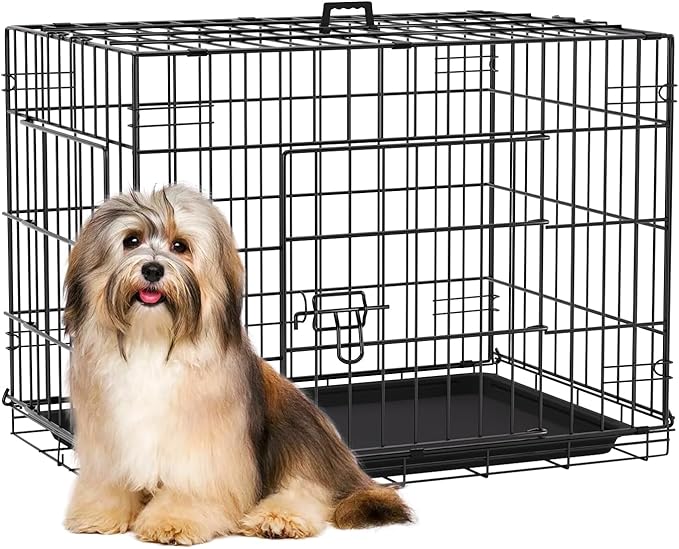 FDW Dog Crate 24-Inch Dog Cage Single Door Foldable Metal Kennel with Leakproof Tray Foldable Design Indoor Outdoor Use for Small Dogs,Dark Black