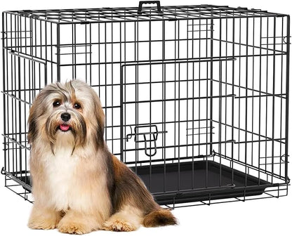 FDW Dog Crate 24-Inch Dog Cage Single Door Foldable Metal Kennel with Leakproof Tray Foldable Design Indoor Outdoor Use for Small Dogs,Dark Black