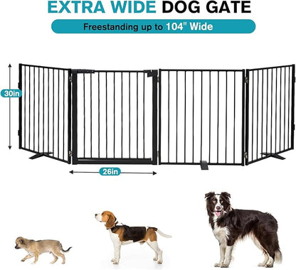 Snagle Paw Extra Wide Dog Gate,Free Standing Dog Fence with Door, Up to 104 Inch Wide Pet Gate with Support Feet for Stairs, Hallways, Doorways, Yard (Black, 4 Panels)
