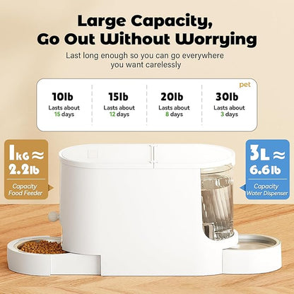 JUNSPOW Automatic Cat Feeder 2-in-1 Set, Gravity Cat Food Feeder and Water Dispenser, Dog Feeding & Watering Supply with Stailess Steel Bowls, Large Capacity Low Noise, White