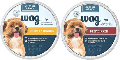 Amazon Brand – Wag Wet Dog Food Cups, Chicken & Beef in Gravy Variety Pack, 3.5oz, 24 Pack