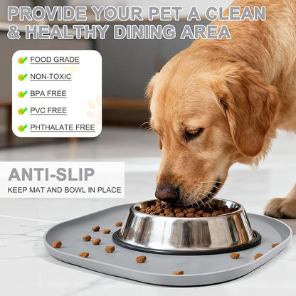 SMILOOL Small Silicone Pet Food Mat with Raised Edge for Food and Water Bowl, Square Dog Feeding Mats, Cat Food Trays for Floor Waterproof, Rubber Tray for Dogs and Cats, 12 x 12 x 0.7 Light Gray