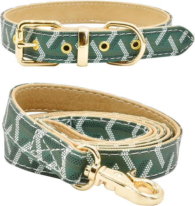 Leather Dog Collar and Leash Set, Check Pattern Dog Collar Leashes Metal Buckle Adjustable Durable for Small Medium Large Dogs (Green, M(11.8-15IN))