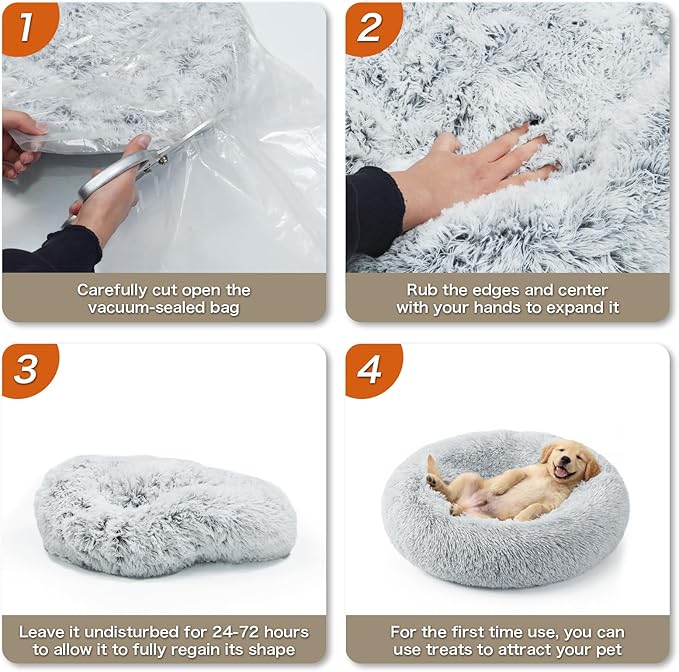 WROS Calming Dog Bed, 20" x 20" x 6" Fits Cat & Dog, Anti-Slip Round Washable Faux Fur for Doze Off, Napping Orthopedic, Grey