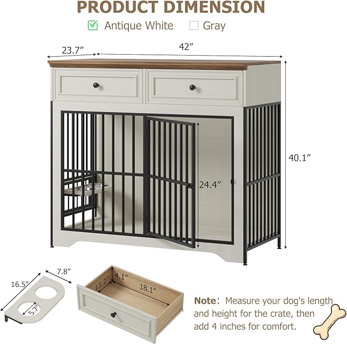 QUW 42" Modern Dog Crate Furniture, Wooden Dog Kennel for Medium to Large with 360° Rotating & 3-Levels Adjustable Height Dogs Bowl Holder, Decorative Dogs cage Pet House Indoor, Antique White