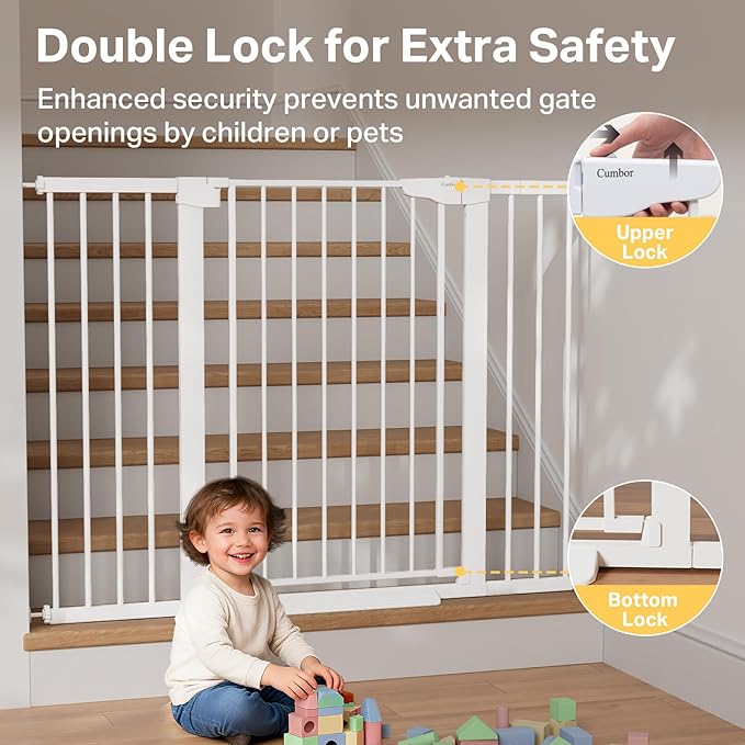 Cumbor 36" Extra Tall 29.7-51.5" Baby Gate for Stairs, Easy Walk Through Dog Gates for Doorways Extra Wide, Pressure Mounted Tall Pet Gate Indoor, Safety Auto-Close Child Gate for Kids, White