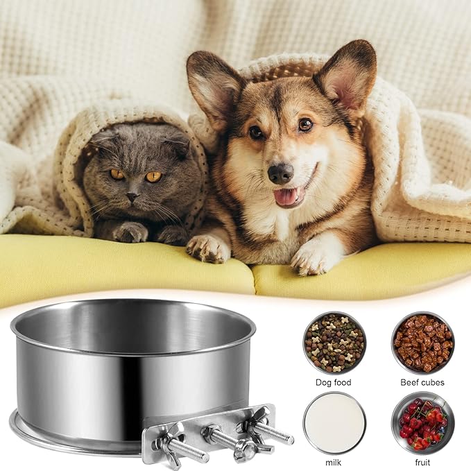 Dog Crate Water Bowl, 2 Pack No Spill Hanging Cage Food Bowls for Kennel Puppy Cat Bird Bunny Stainless Steel Metal Mountable Small&Medium Feeding Dish Wall Mounted Attachable Crates Pet Feeder