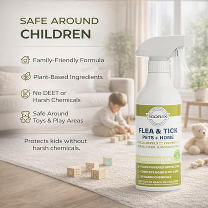 Flea Spray for Home & Pets - Flea and Tick Prevention for Dogs - Plant Based Repellent with Natural Essential Oils for Dog Flea Treatment Protection - Lemongrass Scent - 16 Fl Oz