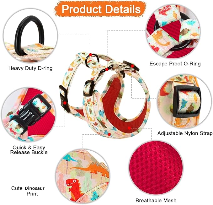 Adjustable Dog Harness and Leash Set for Girl Air Mesh Dog Vest Harness 5Ft Pet Training Leash with Soft Handle Pet Escape Proof for Small Medium Large Dogs (Dinosaur, S)
