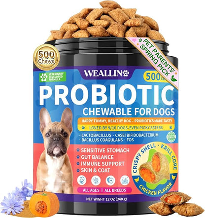 Dog Probiotics Chews 500 Chews, Sensitive Stomach Support Crunchy Shell with Krill Core, Triple Probiotics & Prebiotics, Digestion, Immunity & Skin Care, Chicken Flavor, for All Breeds & Sizes Dogs