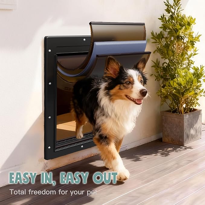 Durable Frame 3-Flap Insulated Wall Dog Door, Extreme Weather Medium Doggie Door for Wall, Never Rust Plastic Wall Pet Door, Telescoping Tunnel, 2 Magnetic Flaps, for Pet Up to 45lb