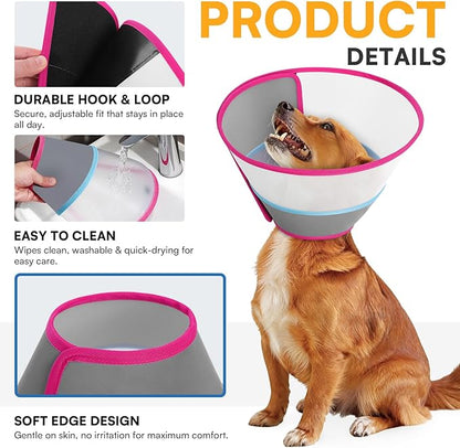 Queenmore Dog Cone - Soft Cone for Dogs to Stop Licking Transparent Elizabeth Recovery Collar for Large Dog Flexible Plastic Cones for Dogs After Surgery, Normal Eating and Drinking, Rose Red Large