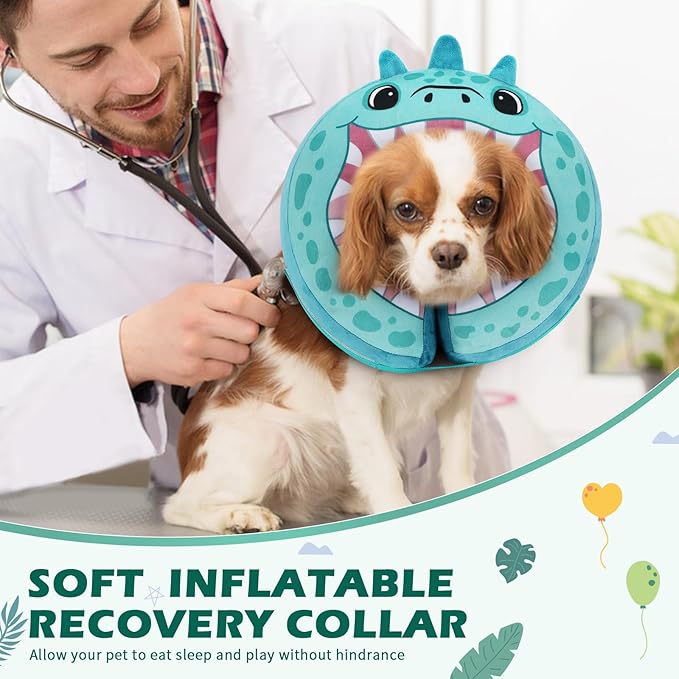 IEUUMLER Inflatable Recovery Dog Collar, Protective Donut Cone, Adjustable Soft Collar for Dog and Cat After Surgery Prevent from Biting & Scratching EU002 - Teal Dinosaur M+