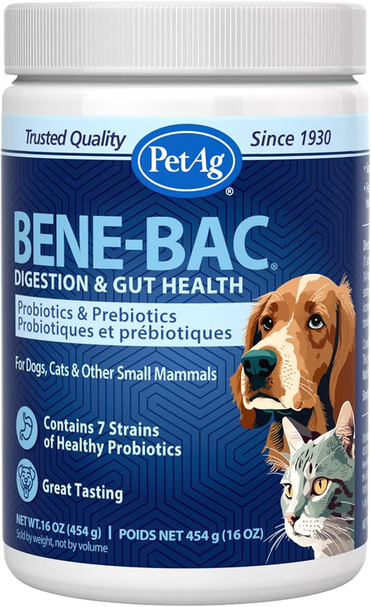 PetAg Bene-Bac Plus - 1 lb Powder - FOS & Probiotics for Dogs, Cats, Exotic & Wildlife Mammals