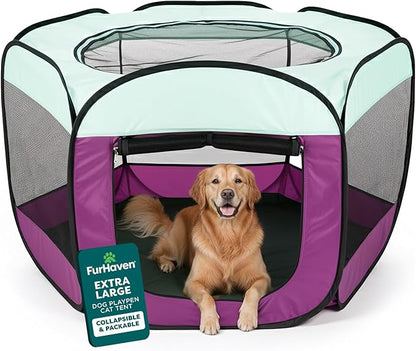 FurHaven Portable Pet Playpen for Dogs & Cats, Foldable Indoor Kitten Playpen with Mesh Sides, Pop Up Travel Dog Pen, X-Large, Purple