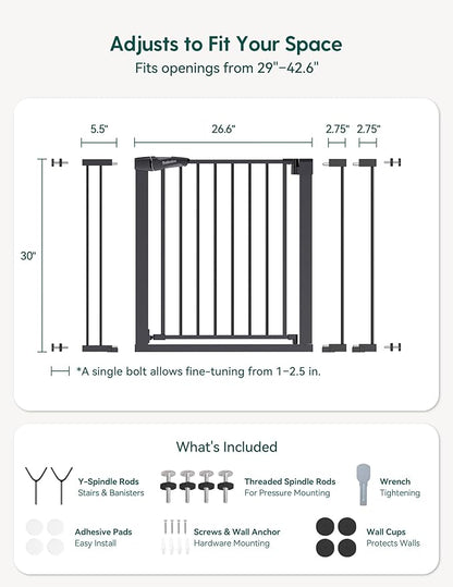 Babelio Baby Gate, 29-43" Auto-Close Easy Install Pet Gate, PressGuard P7 Extra Wide Walk Thru Child Safety Gate, 30" Tall Pressure-Mounted Metal Dog Gate for Doorways & Stairs, Black