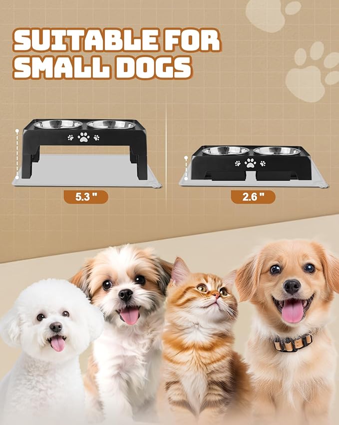 Jovrun Elevated Dog Bowls for Small Dogs and Cats with Mat, Non-Slip Cat Bowls with 2 Thick 5.5" Stainless Steel Dishes, Dog Feeder 2 Heights Adjustable to 2.6"-5.3"