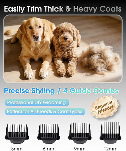 M&M STAR Dog Grooming Kit, Low Noise Dog Clippers, 2-Speed IPX7 Waterproof, Rechargeable Cordless Pet Hair Clippers Trimmer Shaver with LED Display for Small Large Dogs Cats, Gold