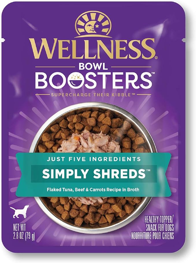 Wellness Bowl Boosters Simply Shreds Wet Dog Food Topper for Small, Medium, and Large Breeds, Grain Free, Natural, Tuna, Beef, and Carrots Recipe, 2.8 oz, Pack of 12 Pouches
