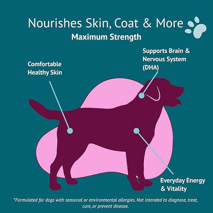 Skin & Coat Dog Chews – Collagen, Omega-3, EPA & DHA for Skin Health & Coat Shine – Antioxidant-Rich Supplement with Vitamin A & D3 – Supports Brain, Energy, and Balanced Blood Sugar