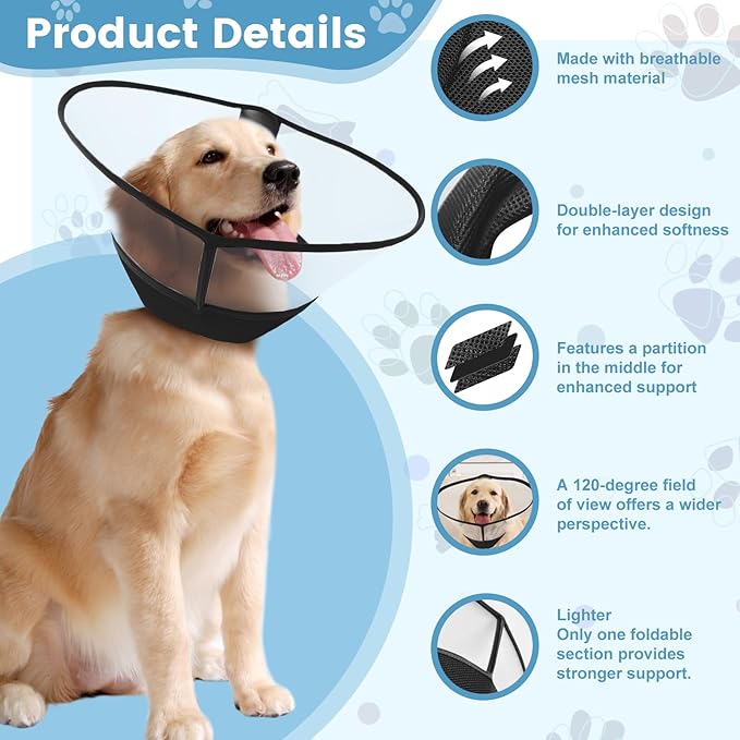 Upgraded Dog Cone Collar After Surgery, Soft Breathable Pet Recovery Collar with Double-Layer Design and Support Plate, Adjustable Dog Cone Collar for Large Medium Dogs, Elizabethan Collar（Black，M）
