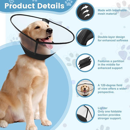 Upgraded Dog Cone Collar After Surgery, Soft Breathable Pet Recovery Collar with Double-Layer Design and Support Plate, Adjustable Dog Cone Collar for Large Medium Dogs, Elizabethan Collar（Black，M）