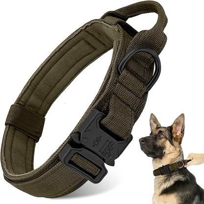 Tactical Dog Collar - Military Dog Collar, Adjustable Heavy Duty Metal Buckle Nylon Collar with Control Handle for Small Medium Large Dogs (Green, M)