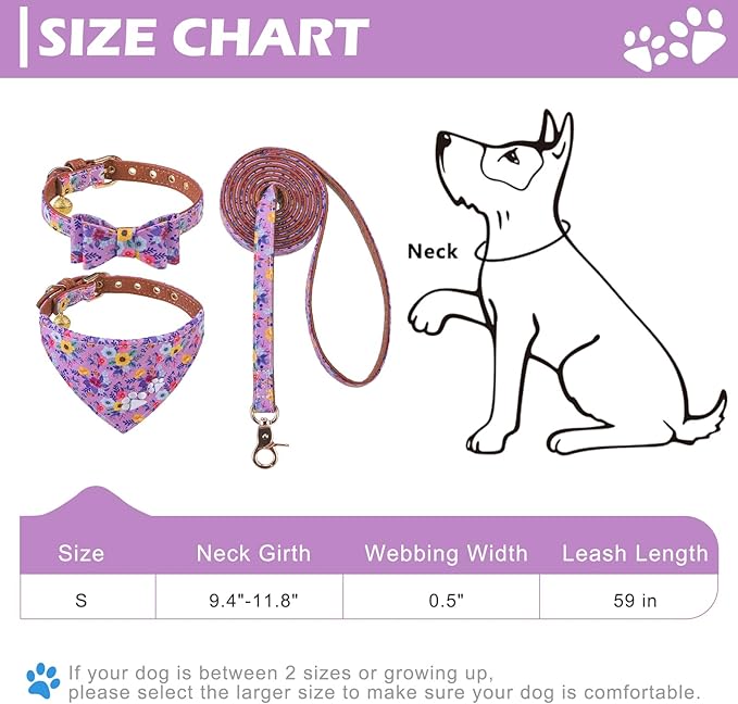 EXPAWLORER Dog Collar and Leash Set - Embroidery Floral Dog Bow Tie and Bandana Collar with Bell, Cute Flower Pet Collars and Rotating Leash No Tangle for Outdoor Walking, Purple S