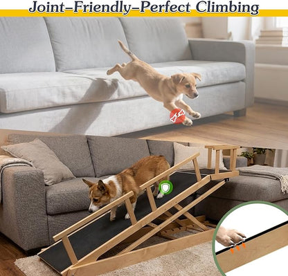 6 Level Height Adjustable Dog Ramp for Bed, Couch 65" Foldable Pet Ramp with Non-Slip Mat，DIY Glow Strips & Rest Platform Heavy Duty Dog Stairs for Large Dogs up to 200Lbs ，Wood Color