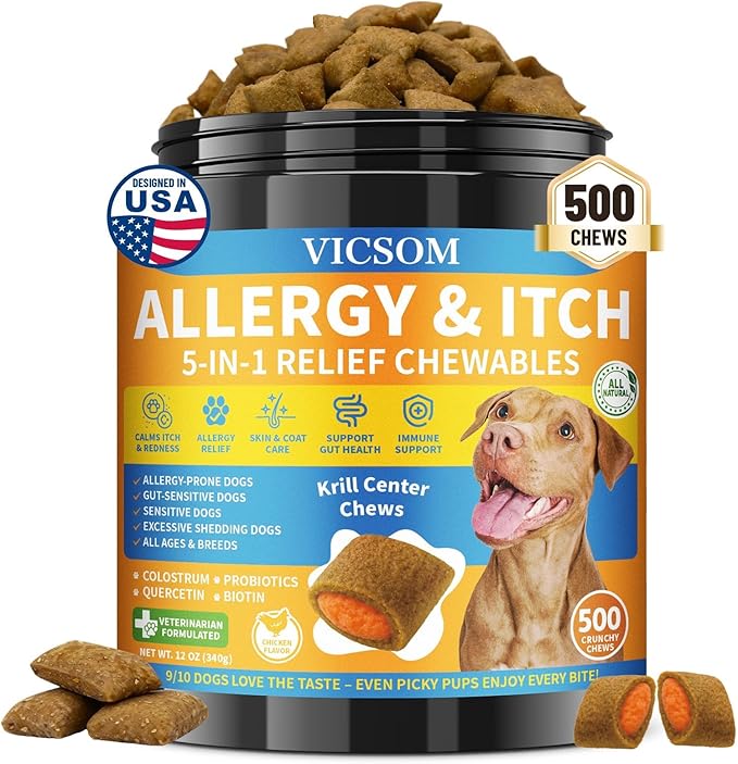 Dog Allergy Relief Chews, Dog Itching Skin Relief, 500 Crunchy Krill Center Seasonal Allergy Anti-Itch Chews, Itchy Ear & Paw Licking, Colostrum, Quercetin & Probiotics for Gut, Immune, Skin & Coat