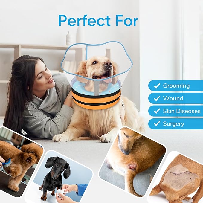 Sponge Dog Cone Collar, Dog Recovery Collar Alternative with Detachable High Clear Shield, Adjustable Soft Neck Cone for Small Medium Large Dogs, Stop Licking After Surgery (DonutBlue,M)