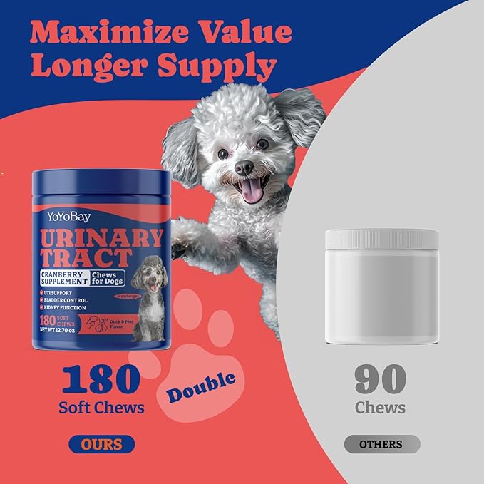 Dog UTI Treatment - 180 Dog Bladder Control Chews, Cranberry Supplement for Urinary Tract Health, Cranberry Chews for Dogs, Duck & Pear Flavor
