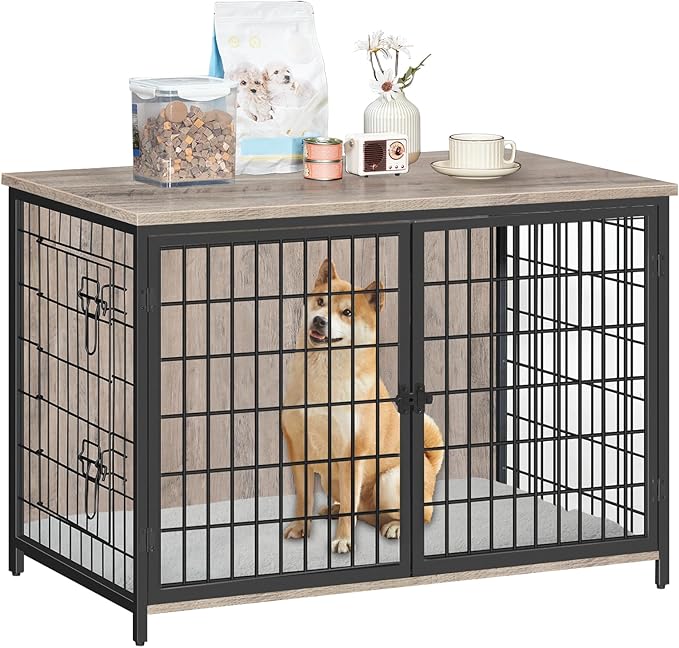 MAHANCRIS Dog Crate Furniture with Cushion, Wooden Dog Kennel with Double Doors, Heavy Duty Dog Cage for Small/Medium/Large Dogs, Indoor Dog House End Table, 39.4" L, Greige DCHG10701