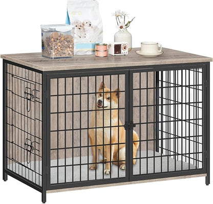 MAHANCRIS Dog Crate Furniture with Cushion, Wooden Dog Kennel with Double Doors, Heavy Duty Dog Cage for Small/Medium/Large Dogs, Indoor Dog House End Table, 39.4" L, Greige DCHG10701