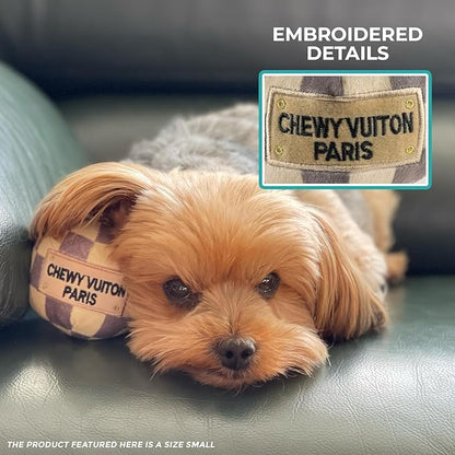 Haute Diggity Dog Chewy Vuiton Ball Plush Squeaky Dog Toy, Soft Durable Designer-Inspired Stuffed Puppy Chew Toys for Small & Medium Dogs, Machine-Washable (Tan Checker) Small