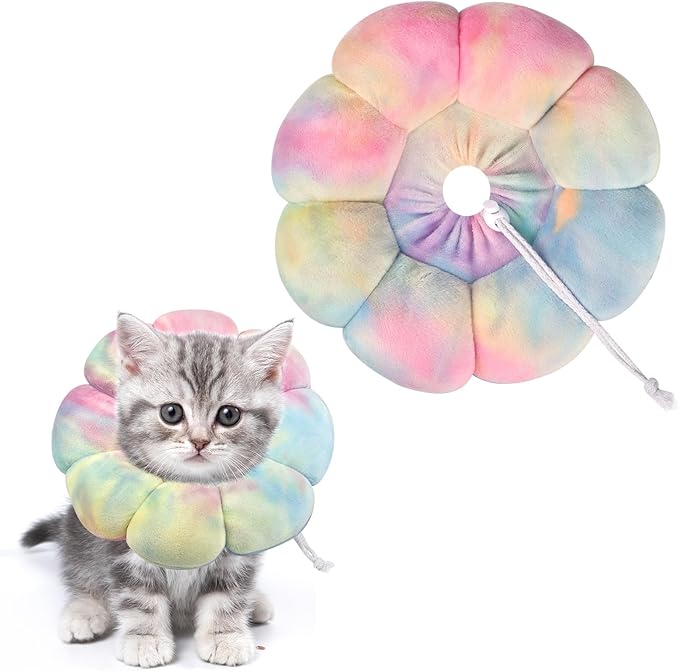 Flower Cat Cone, Uadonile Adjustable Cat Cone Collar, Soft Dog Elizabethan Collar Recovery E Collar After Surgery, Recovery E-Collar for Kittens/Puppies and Cats Recovery(Tie-dye Pink Blue, S)