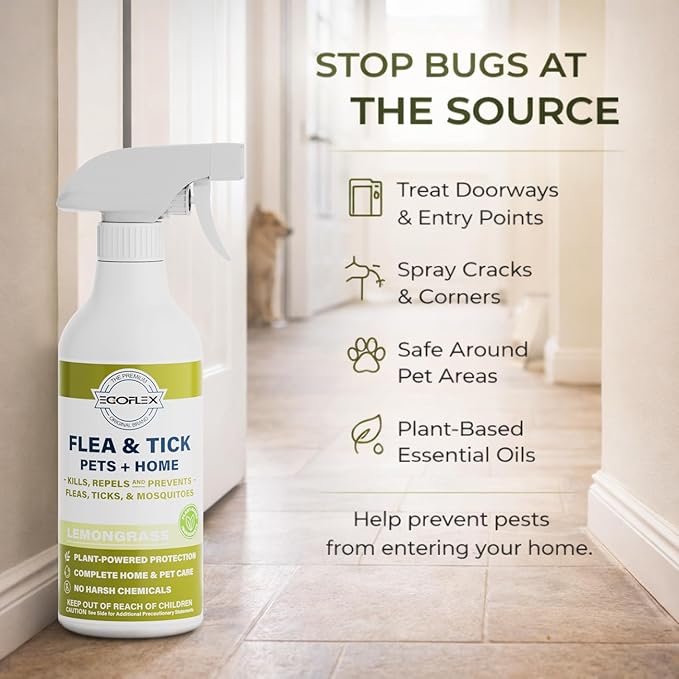 Flea Spray for Home & Pets - Flea and Tick Prevention for Dogs - Plant Based Repellent with Natural Essential Oils for Dog Flea Treatment Protection - Lemongrass Scent - 16 Fl Oz