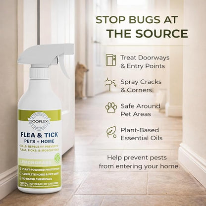 Flea Spray for Home & Pets - Flea and Tick Prevention for Dogs - Plant Based Repellent with Natural Essential Oils for Dog Flea Treatment Protection - Lemongrass Scent - 16 Fl Oz