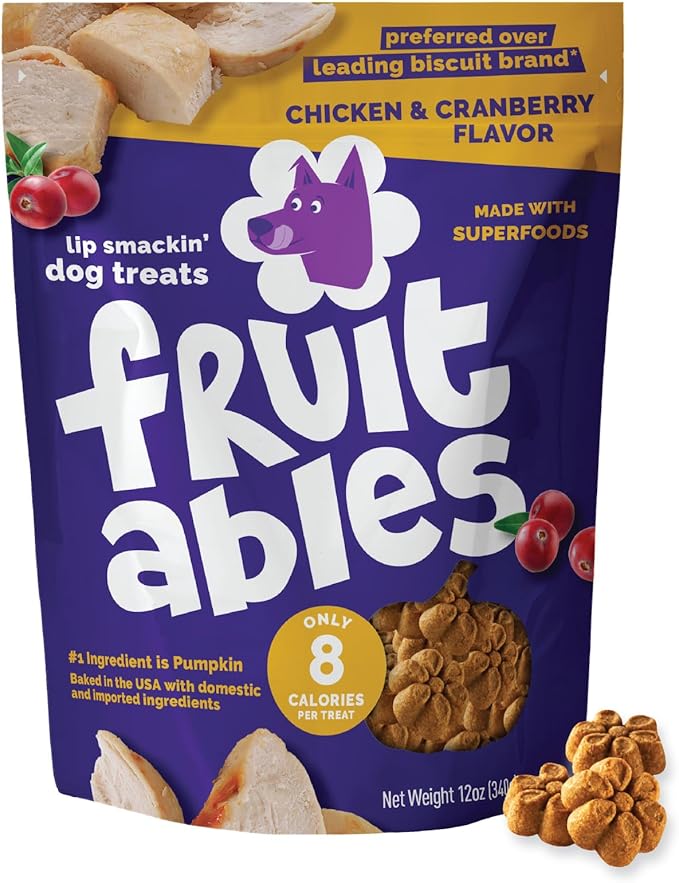Fruitables Baked Dog Treats, Healthy Pumpkin Treat for Dogs, Low Calorie & Delicious, Made Without Wheat, Corn and Soy, Made in The USA, Allergy Friendly, Chicken and Cranberry Flavor, 12 oz