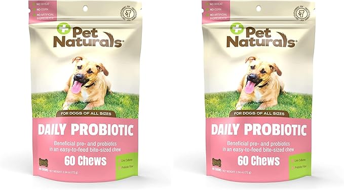 Pet Naturals Daily Probiotic for Dogs,120M CFUs - Pre and Probiotics for Dogs Digestive Health,Gut Health,Immune Support,Diarrhea,Allergies and Itching - 60 Chews,Duck Flavor,(Pack of 2)