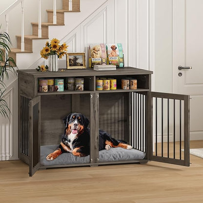 Furniture Dog Crate for Two Dogs, 41 Inch Farmhouse Style Dog Kennel with Removable Divider and Thickened Desktop, Heavy-Duty Base for Small to Medium Dogs, Grey