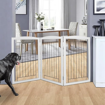 ZJSF Freestanding Foldable Dog Gate for House Extra Wide Wooden Grey Puppy Gate Stairs Dog Gates Doorways Tall Pet Gate 32" Height 3 Panels Pet Fence
