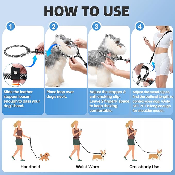 SlowTon Slip Lead for Dogs - Hands Free No Tangle Adjustable 5-7 FT 1/2” Rope, Heavy Duty Nylon Leash for Large Medium Dogs that Pull, No Pull Training Slip Leashes, 20-120lb, Black