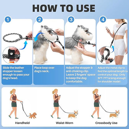 SlowTon Slip Lead for Dogs - Hands Free No Tangle Adjustable 5-7 FT 1/2” Rope, Heavy Duty Nylon Leash for Large Medium Dogs that Pull, No Pull Training Slip Leashes, 20-120lb, Black