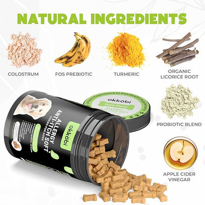 Dog Allergy Chews - 150 Pcs - Allergy Relief for Dogs - Supplements for Itchy Skin & Paw Licking - US Formula with Probiotics, Natural Ingredients & Vitamins - Duck Flavor