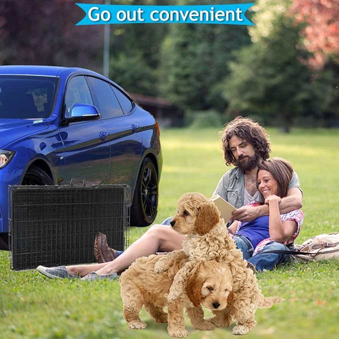 Dog Crate Dog Kennel Cage for Small Dogs, 24" Portable Foldable Indoor Outdoor Large Double Door Wire Metal Puppy Cat Pet Dog Cage with ABS Tray LC & Divider, Black
