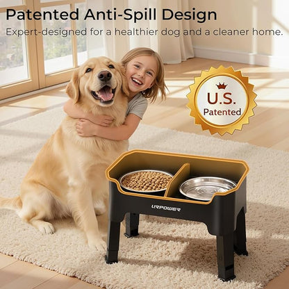 URPOWER Mess Proof Elevated Dog Bowls, High Wall Splash Guard Design, 4 Height Adjustable Raised Bowl Stand, 2 Stainless Steel Bowls, Non-Slip Food Water Set for Small Medium Large Dogs