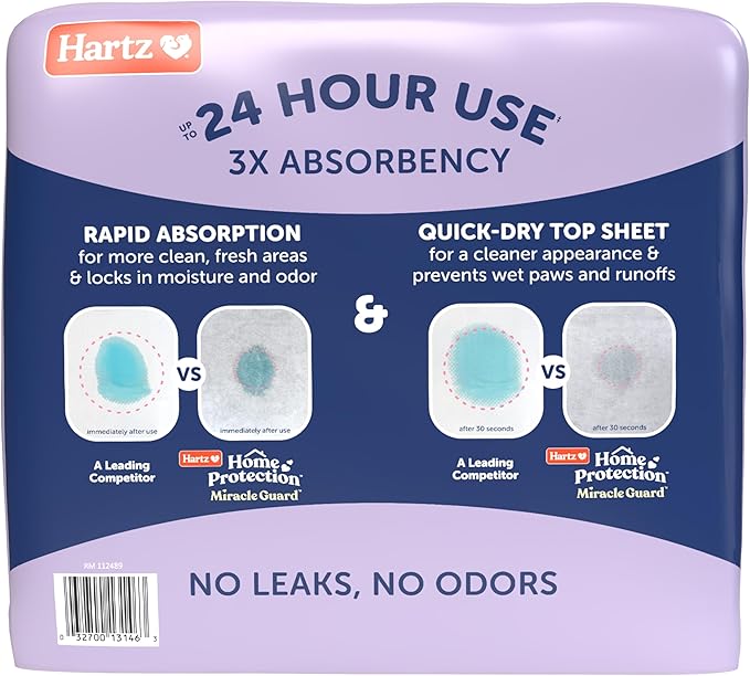 Hartz Miracle Guard Dog and Puppy Dog Pads Max Absorbency 24 Hour Use Odor Eliminating Lavender Scented No Leaks, Regular Size 50 Count