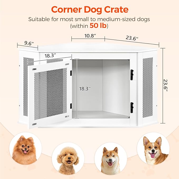 MAHANCRIS Corner Dog Crate Furniture, Wooden Dog Kennel End Table, Decorative Pet Crate Indoor Use, Furniture Style Dog House for Small Medium Dog, Dog Cage TV Stand, White and Black DCWT0801